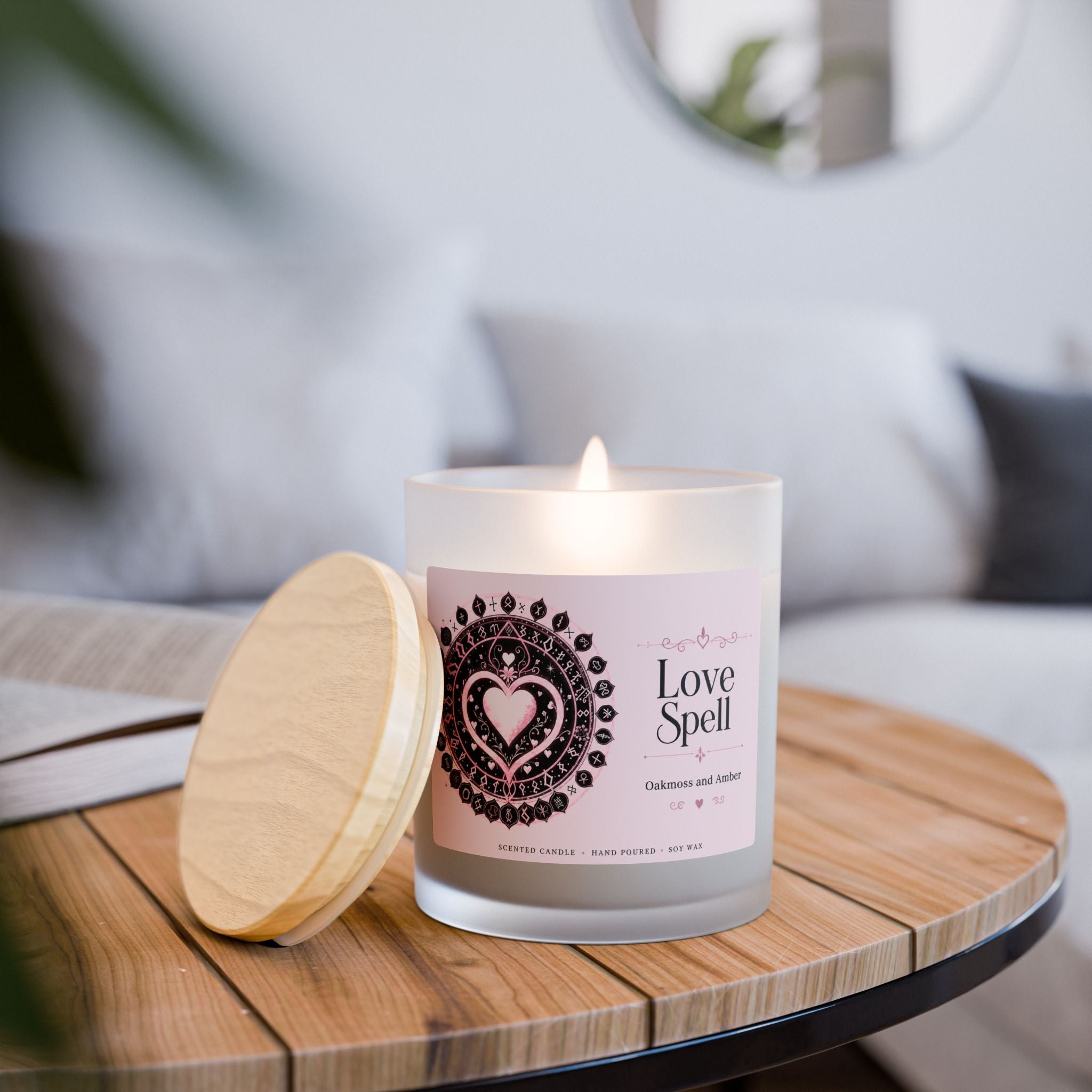 Love Spell Frosted Glass Candle – 11oz Oakmoss & Amber Scented Gift